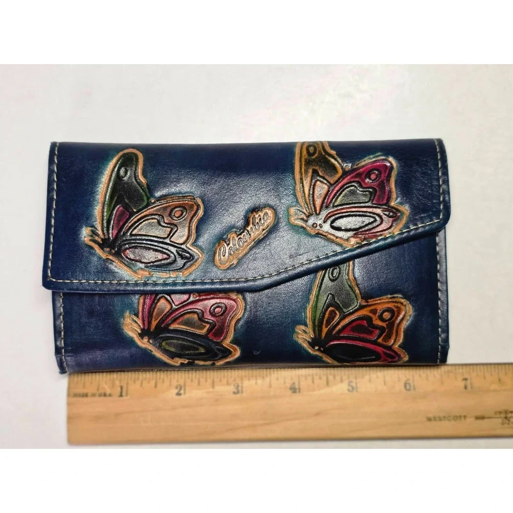 Hand-Painted‎ Leather Credit Card Wallet With Floral Butterfly Print Check Book